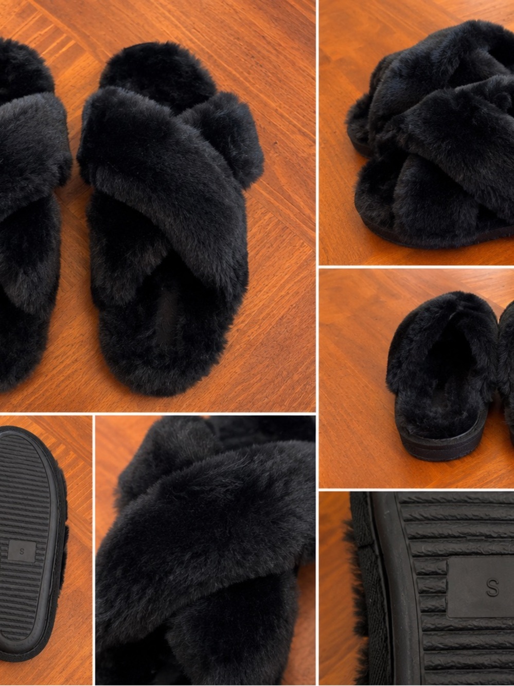PINK Victoria's Secret Black Plush Crossband Slippers